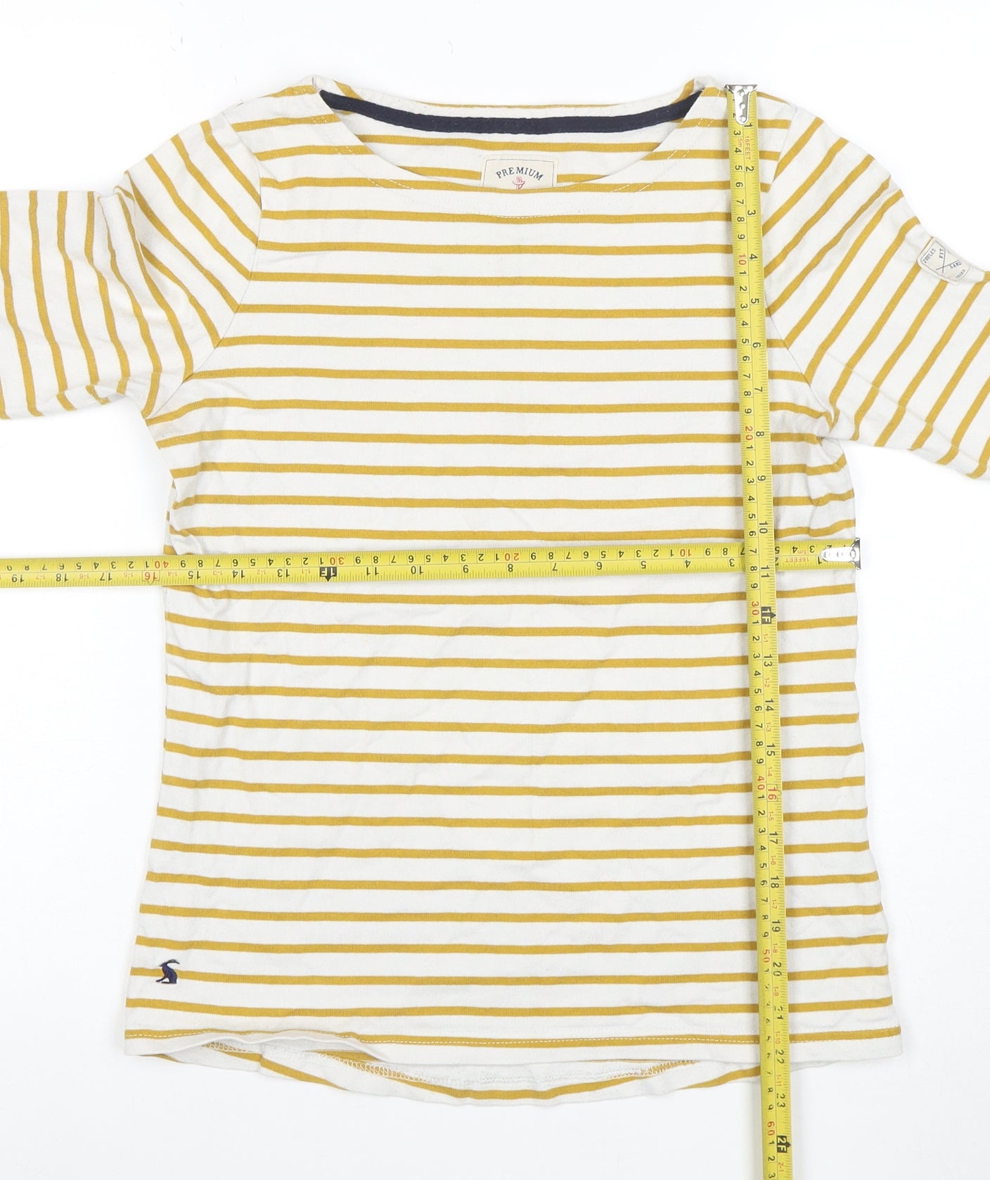 Joules Women Yellow White Striped 3/4 Sleeve Cotton T-Shirt Size 8