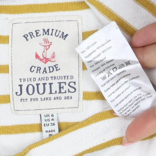 Joules Women Yellow White Striped 3/4 Sleeve Cotton T-Shirt Size 8