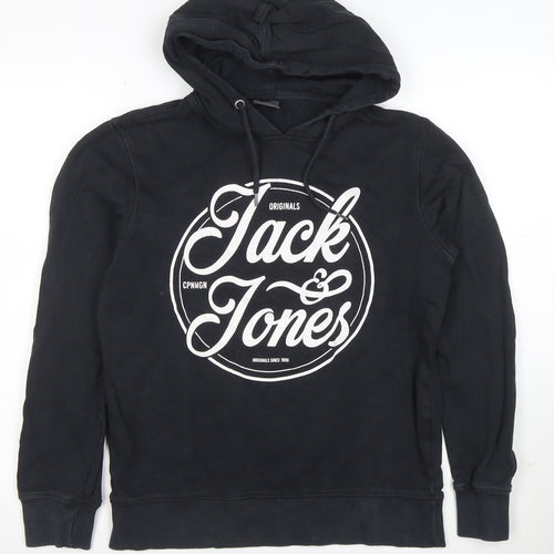 Jack & Jones Mens Black Pullover Hoodie Small Graphic Print