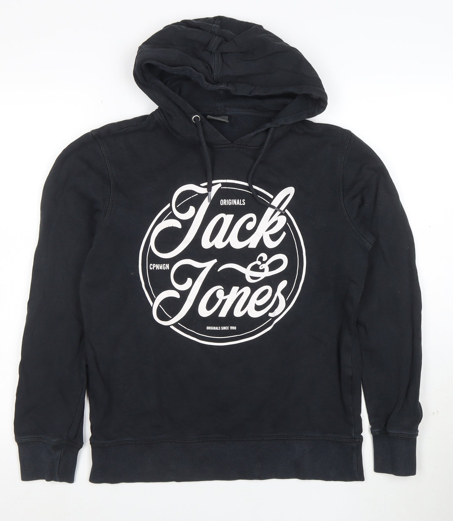 Jack & Jones Mens Black Pullover Hoodie Small Graphic Print