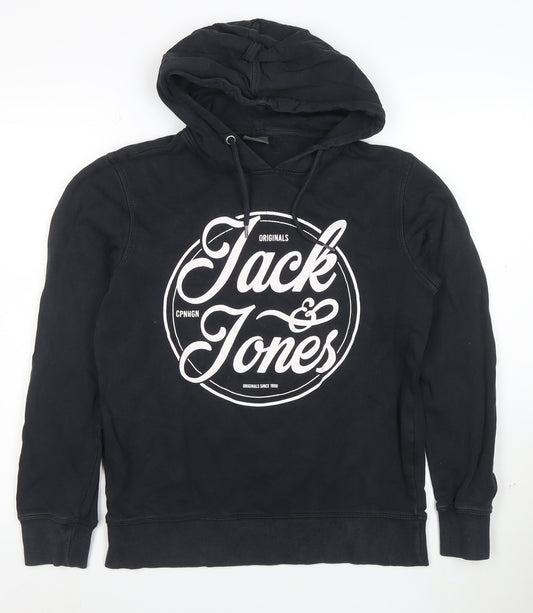 Jack & Jones Mens Black Pullover Hoodie Small Graphic Print