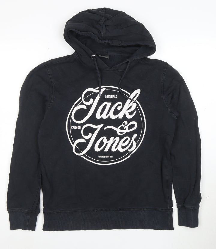 Jack & Jones Mens Black Pullover Hoodie Small Graphic Print
