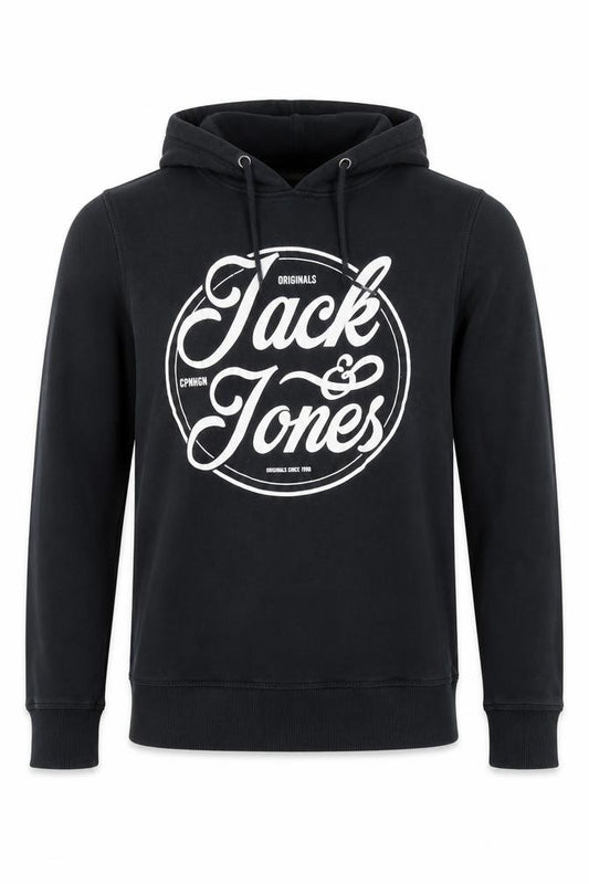 Front view of Jack & Jones men’s black pullover hoodie small graphic print