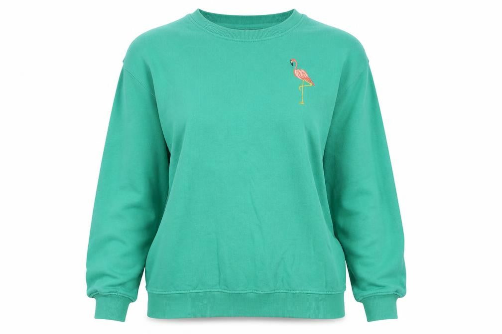 Front view of Sugarhill Brighton Women Green Flamingo Embroidered Pullover Sweatshirt, size M
