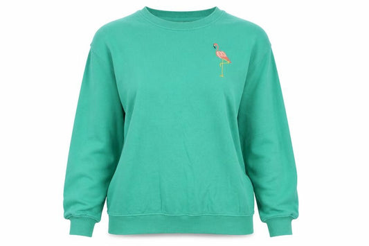 Front view of Sugarhill Brighton Women Green Flamingo Embroidered Pullover Sweatshirt, size M