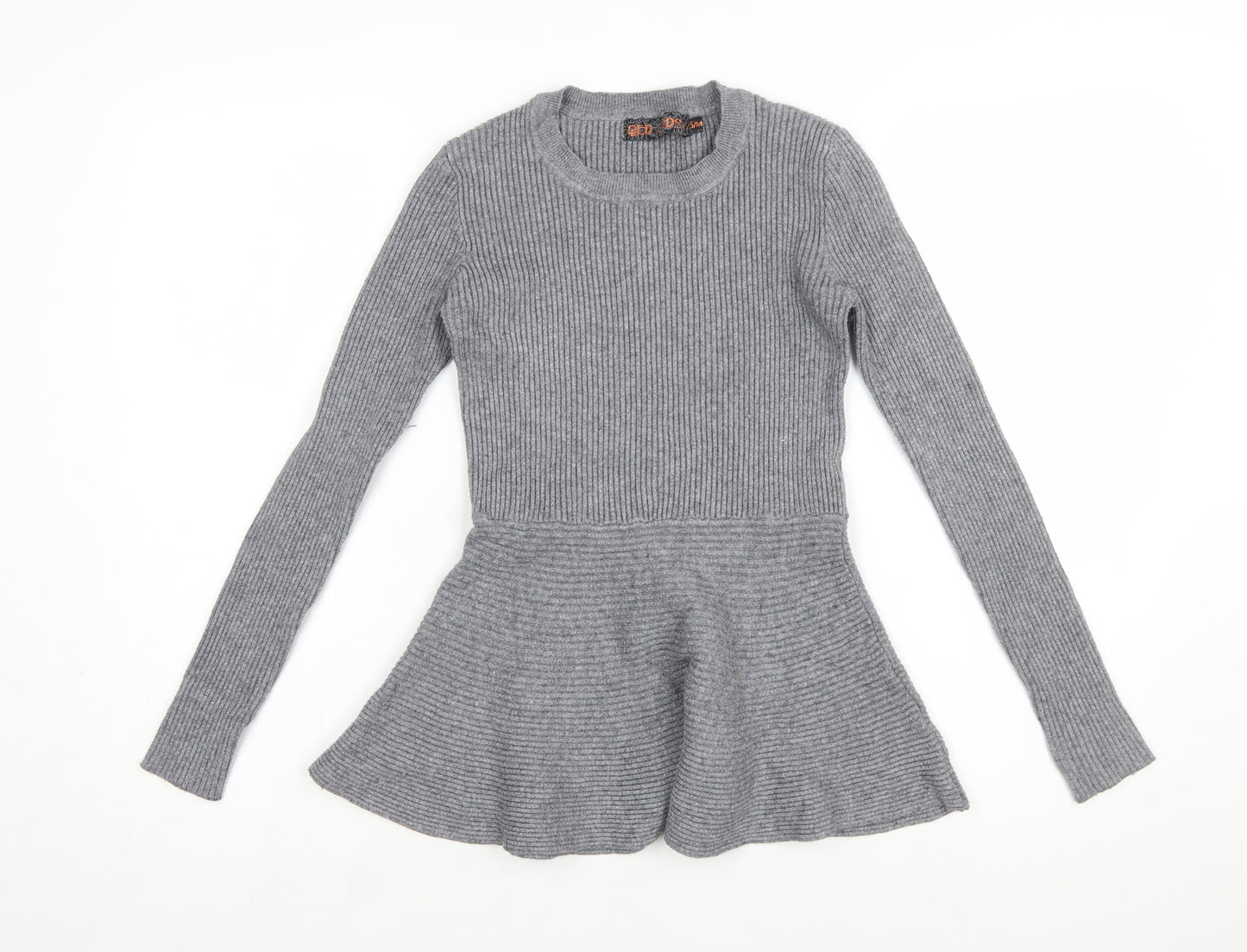 QED London Women's Grey Ribbed Knit Peplum Jumper Size S