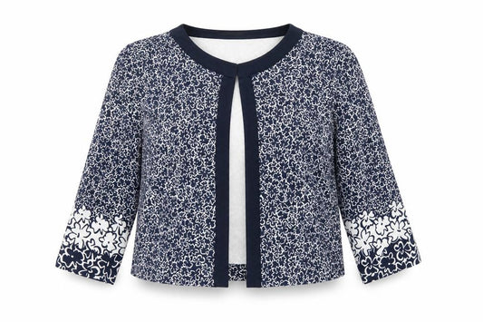 Front view of Barbara Lebek Women's Blue Floral Jersey Tunic Blouse, size 12
