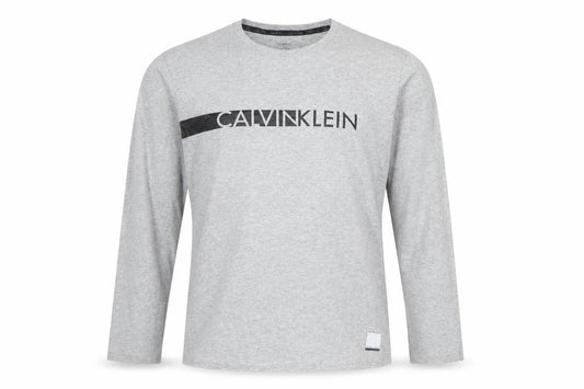 Front view of Calvin Klein Men's Grey Long Sleeve Crew Neck Cotton T-Shirt M