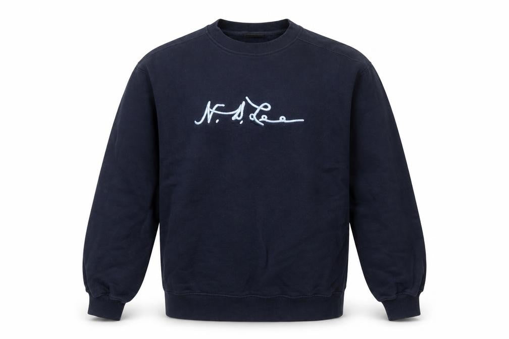 Front view of Lee Men's Blue Crew Neck Logo Sweatshirt, size L