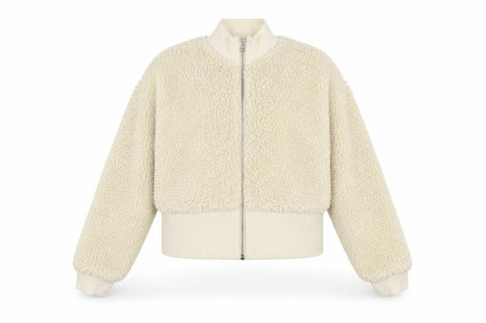 Front view of Weekday Women Ivory Cropped Fleece Bomber Jacket, size M