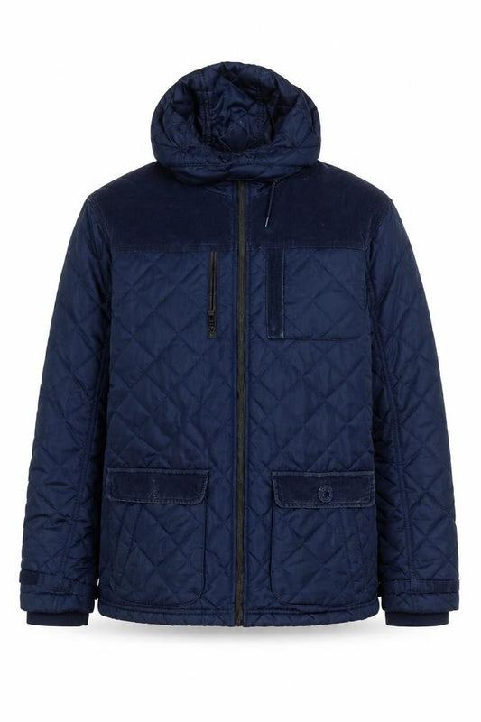 Front view of Nicholas Deakins Men's Blue Quilted Hooded Jacket XL