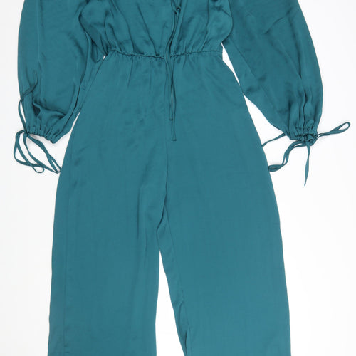 Zara Women Teal Long Sleeve V-Neck Jumpsuit Size XS Polyester
