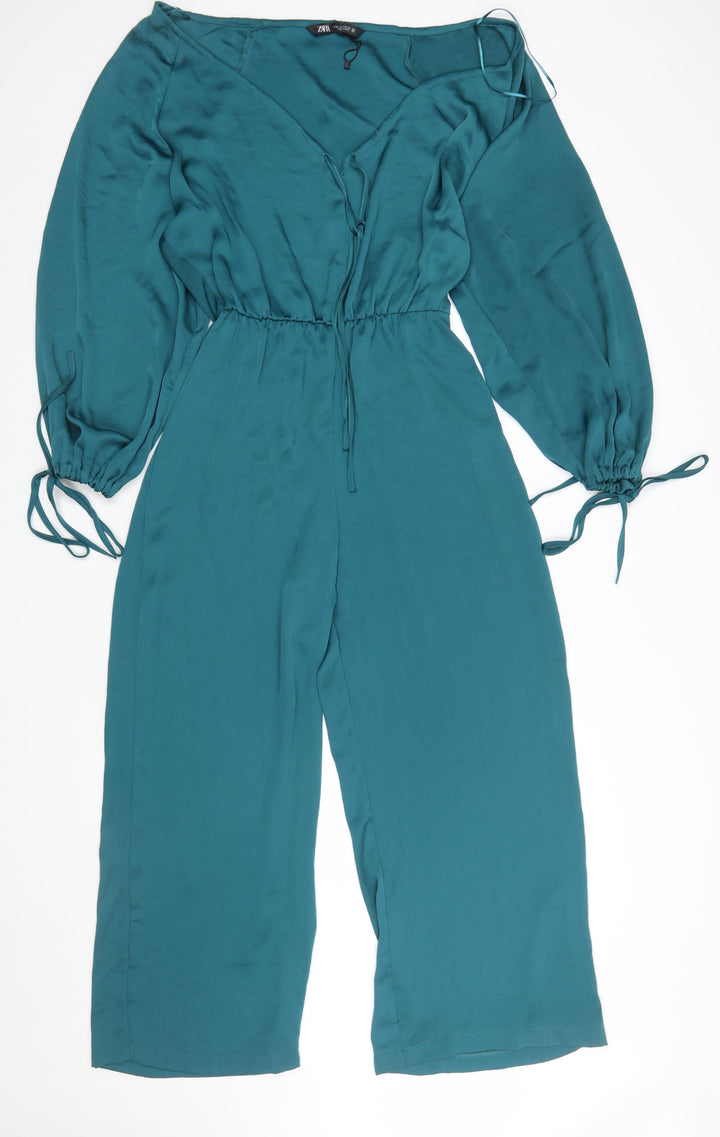 Zara Women Teal Long Sleeve V-Neck Jumpsuit Size XS Polyester