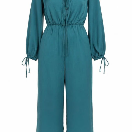 Zara Women Teal Long Sleeve V-Neck Jumpsuit Size XS Polyester