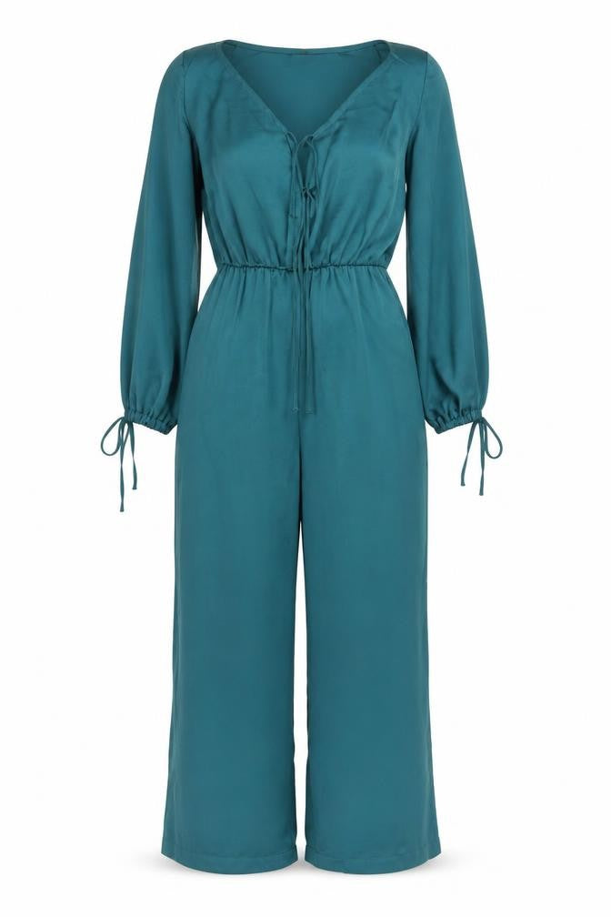 Zara Women Teal Long Sleeve V-Neck Jumpsuit Size XS Polyester