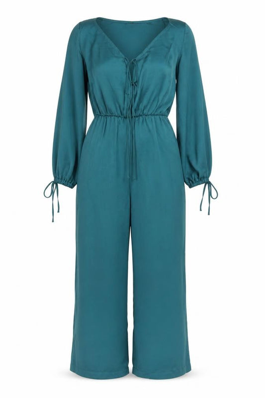Zara Women Teal Long Sleeve V-Neck Jumpsuit Size XS Polyester