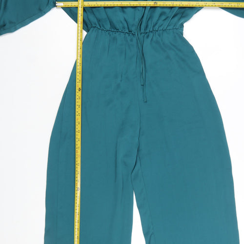 Zara Women Teal Long Sleeve V-Neck Jumpsuit Size XS Polyester