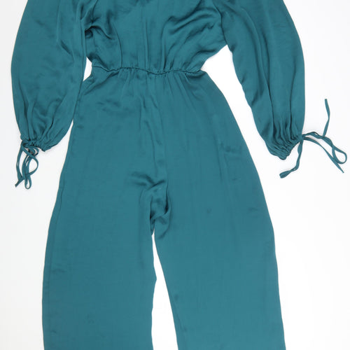 Zara Women Teal Long Sleeve V-Neck Jumpsuit Size XS Polyester