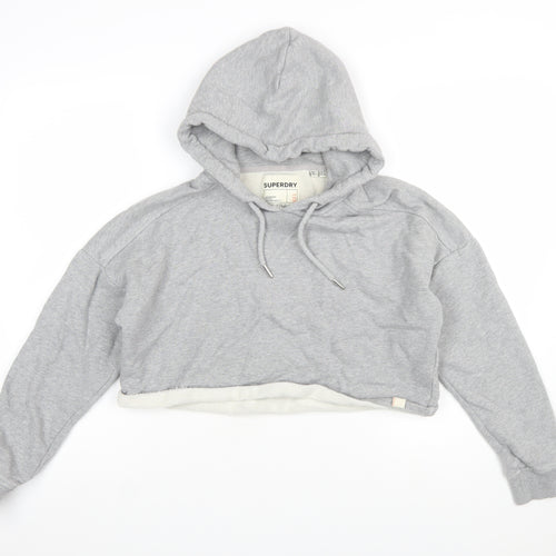 Superdry Womens Grey Cropped Hoodie UK 10 Pullover Hooded Sweatshirt