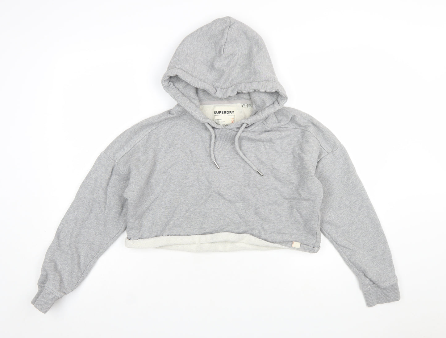 Superdry Womens Grey Cropped Hoodie UK 10 Pullover Hooded Sweatshirt