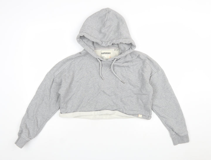 Superdry Womens Grey Cropped Hoodie UK 10 Pullover Hooded Sweatshirt