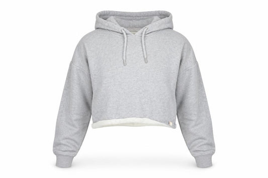 Front view of Superdry women’s grey cropped hoodie uk 10 pullover hooded sweatshirt