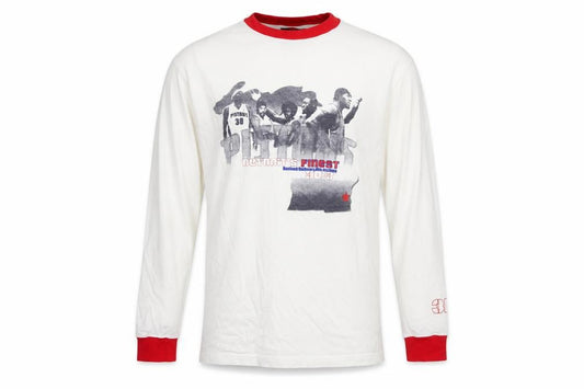 Front view of NBA Licensed Men's White Red Long Sleeve Detroit Pistons T-Shirt, size S