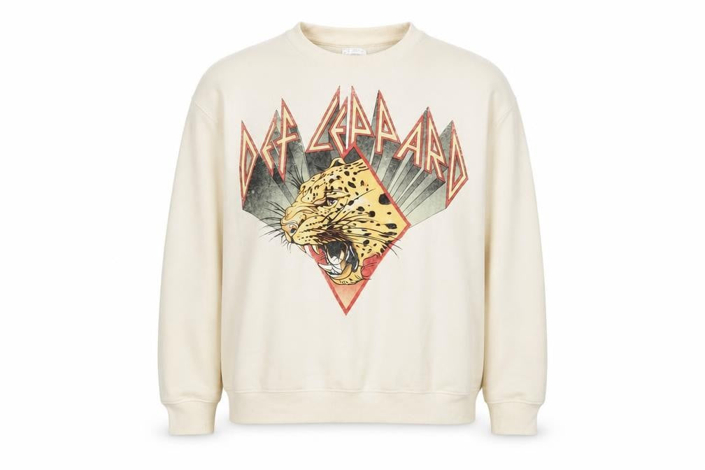 Front view of Def Leppard Women's Beige Graphic Crew Neck Sweatshirt, size M, 12/14
