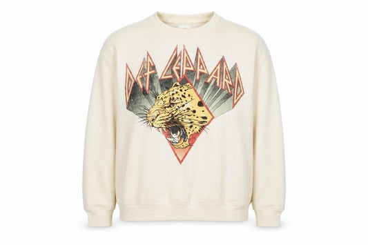 Front view of Def Leppard Women's Beige Graphic Crew Neck Sweatshirt, size M, 12/14