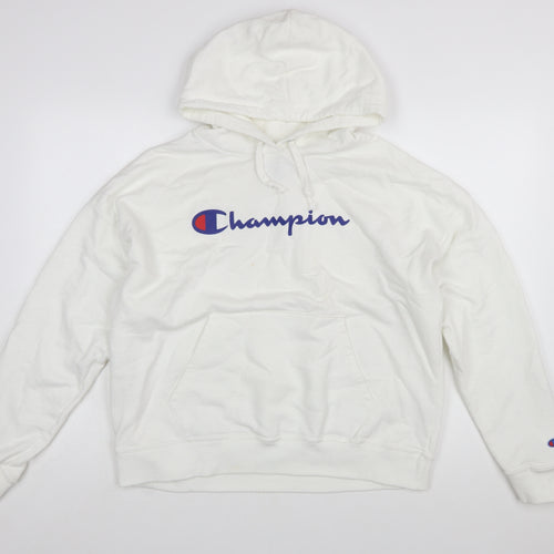 Champion Mens White Pullover Hoodie L Logo Athletic Fleece Sweatshirt