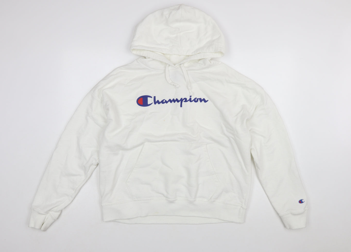 Champion Mens White Pullover Hoodie L Logo Athletic Fleece Sweatshirt