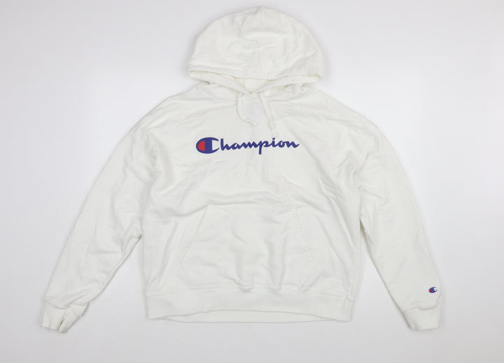 Champion Mens White Pullover Hoodie L Logo Athletic Fleece Sweatshirt