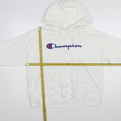 Champion Mens White Pullover Hoodie L Logo Athletic Fleece Sweatshirt