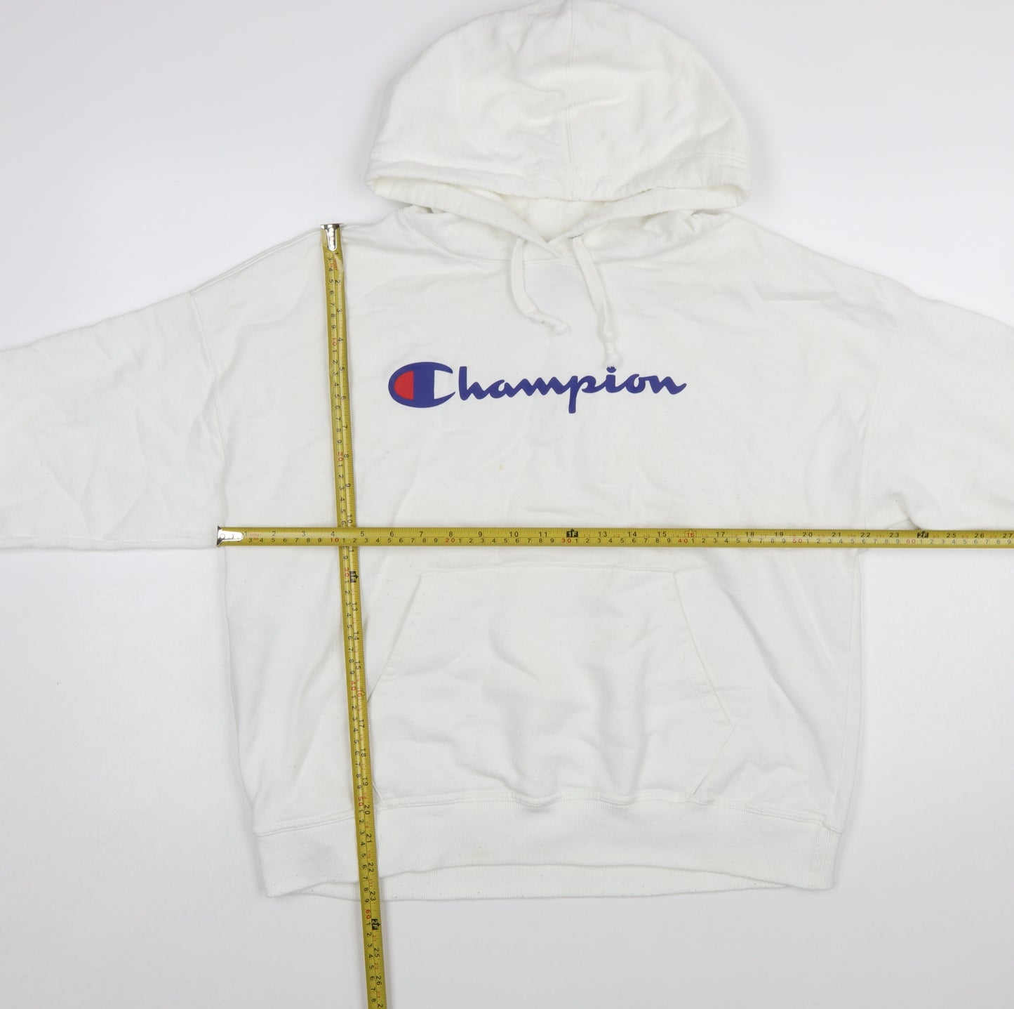 Champion Mens White Pullover Hoodie L Logo Athletic Fleece Sweatshirt