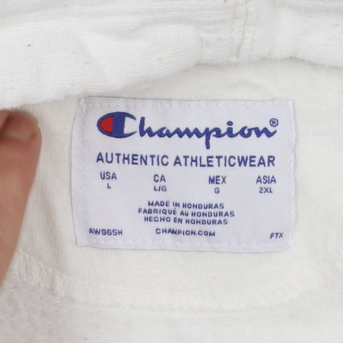 Champion Mens White Pullover Hoodie L Logo Athletic Fleece Sweatshirt