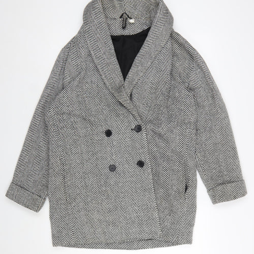 H&M Divided Women's Grey Herringbone Pea Coat Size M Wool Blend