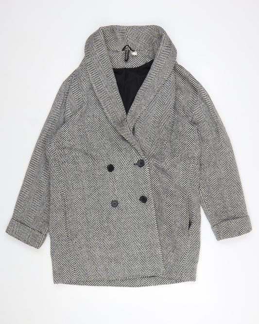 H&M Divided Women's Grey Herringbone Pea Coat Size M Wool Blend