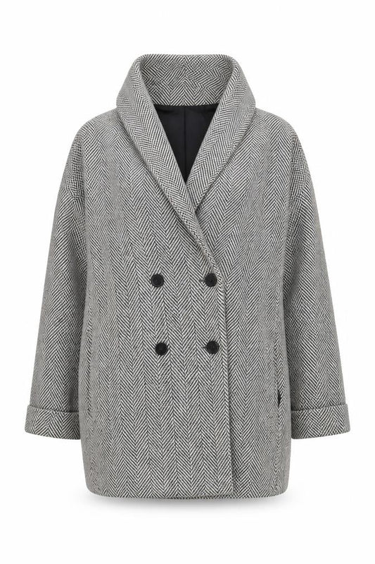 Front view of H&M Divided Women's Grey Herringbone Pea Coat, size M, Wool Blend