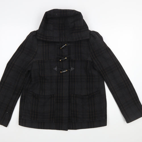 H&M Women Black Check Wool Blend Toggle Duffle Coat Size 10