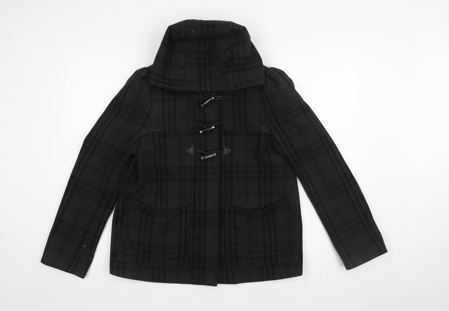 H&M Women Black Check Wool Blend Toggle Duffle Coat Size 10