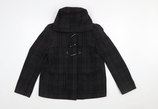 H&M Women Black Check Wool Blend Toggle Duffle Coat Size 10