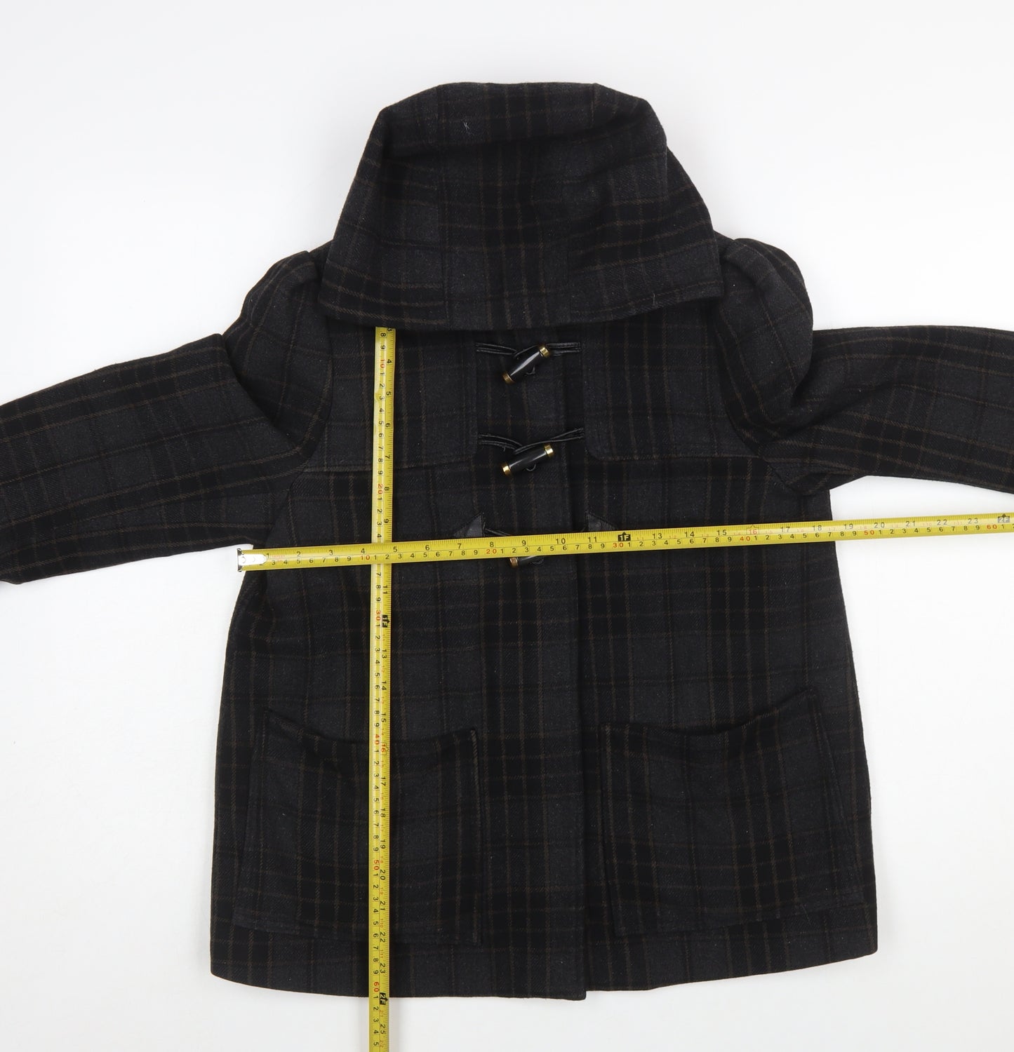 H&M Women Black Check Wool Blend Toggle Duffle Coat Size 10