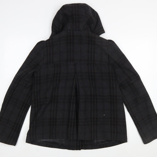 H&M Women Black Check Wool Blend Toggle Duffle Coat Size 10