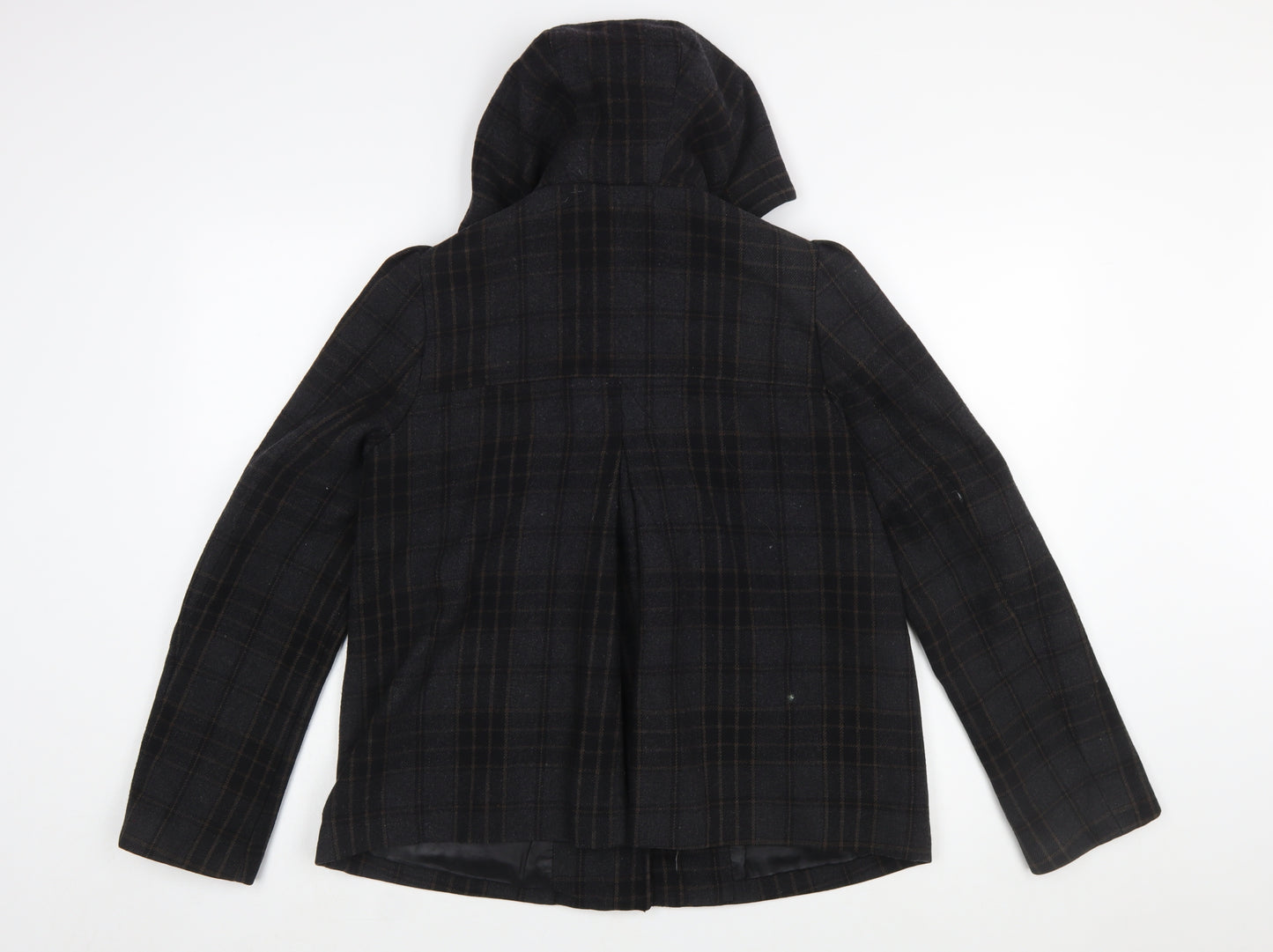 H&M Women Black Check Wool Blend Toggle Duffle Coat Size 10