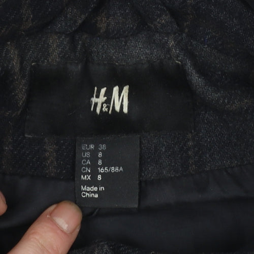 H&M Women Black Check Wool Blend Toggle Duffle Coat Size 10