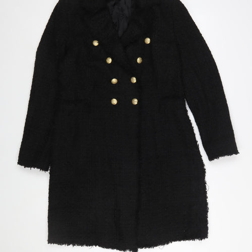 Zara Women’s Black L Long Tweed Military Coat with Gold Buttons