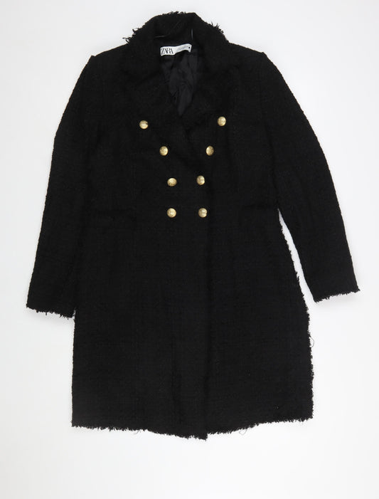 Zara Women’s Black L Long Tweed Military Coat with Gold Buttons