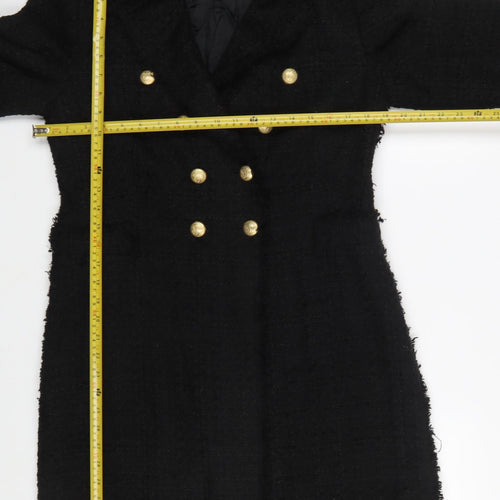 Zara Women’s Black L Long Tweed Military Coat with Gold Buttons