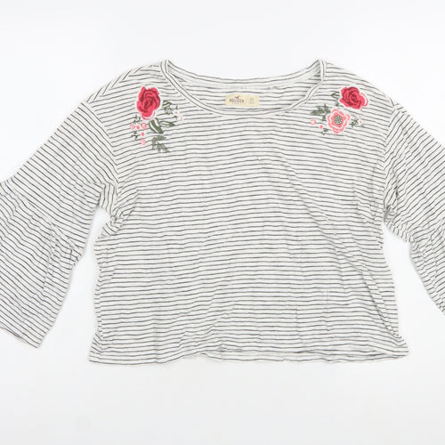 Hollister Women White Striped Embroidered Cropped Bell Sleeve T-Shirt XS