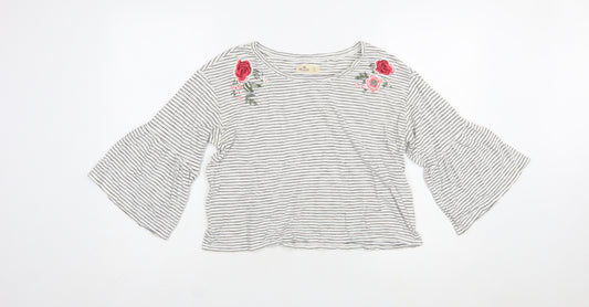 Hollister Women White Striped Embroidered Cropped Bell Sleeve T-Shirt XS